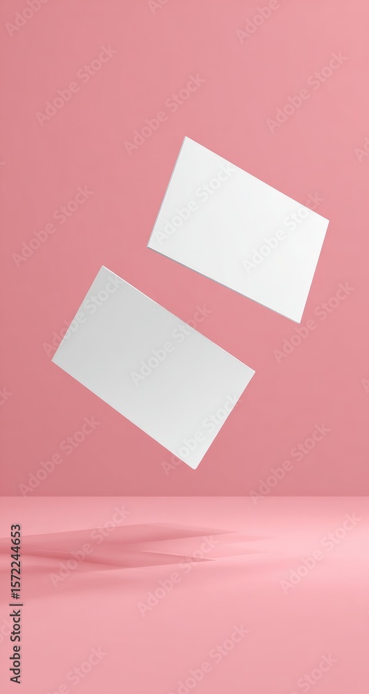 Two blank business cards levitate against a pink background Two blank business cards levitate against a pink background