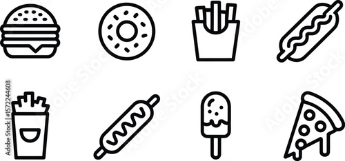 Collection of fast food icons including burger donut fries hotdog and pizza slice