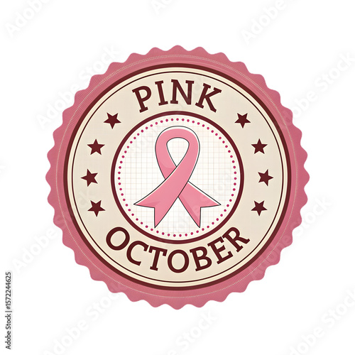 Circular Badge with Pink October Text and Ribbon for Breast Cancer Awareness