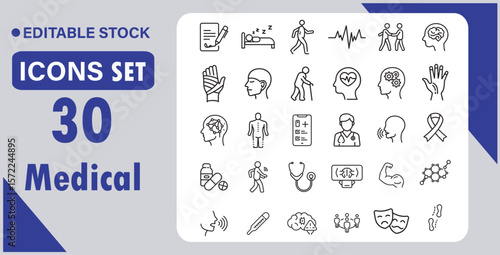 Parkinson disease symptoms and treatment process illustrated in minimal linear set. Medical vector illustration showing motor, cognitive, emotional and therapeutic aspects of the condition.