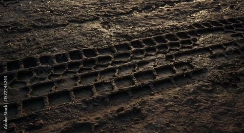 Wallpaper Mural Closeup of a distinct rectangular tire track impression in dark wet textured mud under natural light Torontodigital.ca