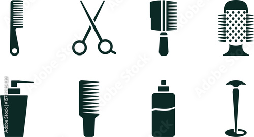 A collection of black silhouette hair styling tools on a white background