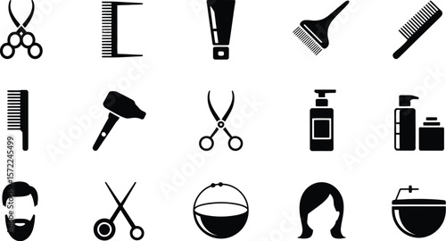 Assorted black silhouette icons of barber and salon equipment on white background
