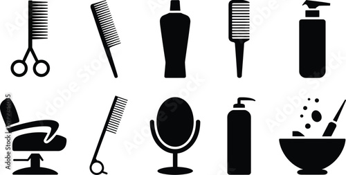 A collection of black and white vector icons of various beauty salon tools