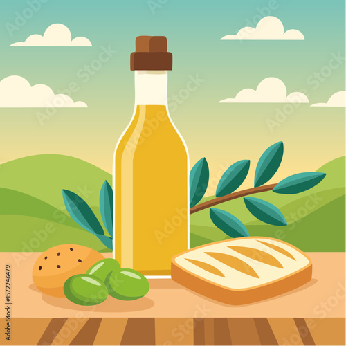 bottle of fresh olive oil with branch with green olives and ciabatta