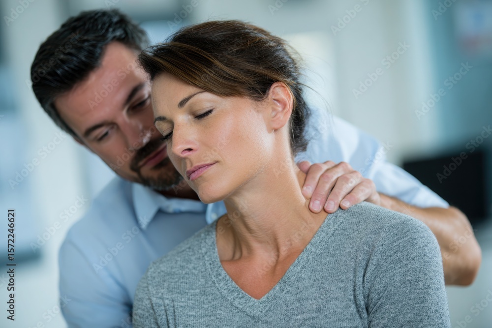 Obraz premium Physical therapist treating a patient, with neck therapy in a clinic office.