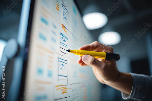 Hand drawing interface elements on whiteboard with yellow marker close up view