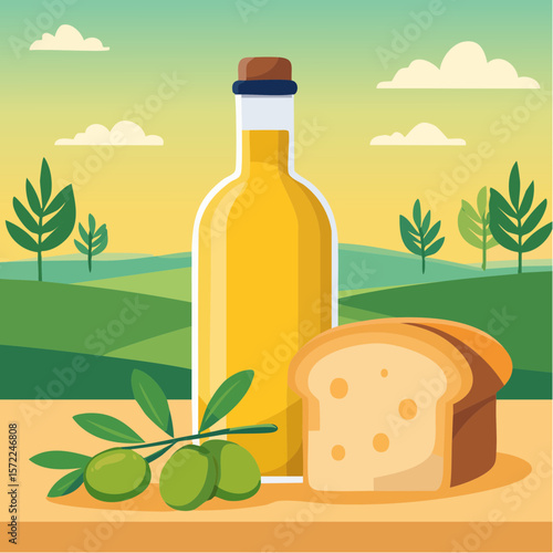 bottle of fresh olive oil with branch with green olives and ciabatta