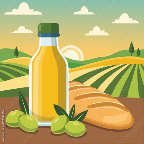 bottle of fresh olive oil with branch with green olives and ciabatta
