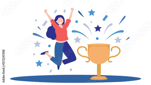 A woman jumping in celebration with a trophy and confetti in the background on a blue surface