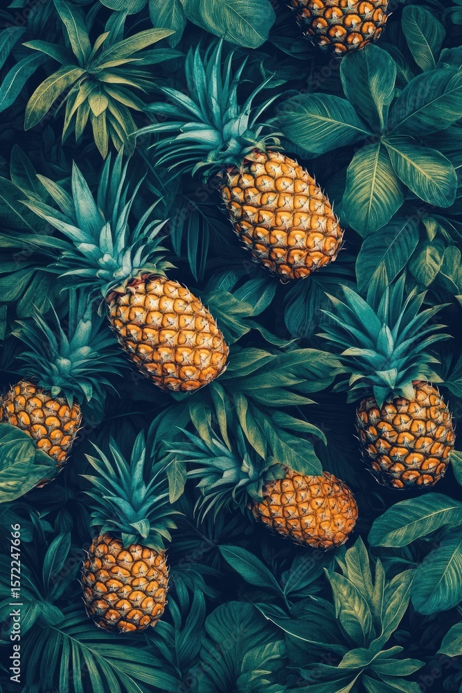 Pineapples amidst lush tropical foliage Pineapples amidst lush tropical foliage