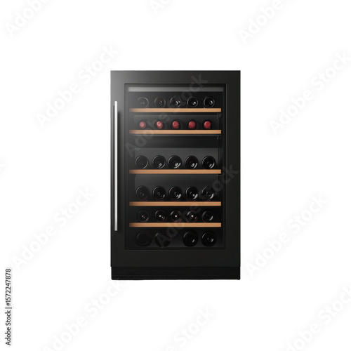 Modern wine fridge cooler with glass door and metal shelves isolated on white background