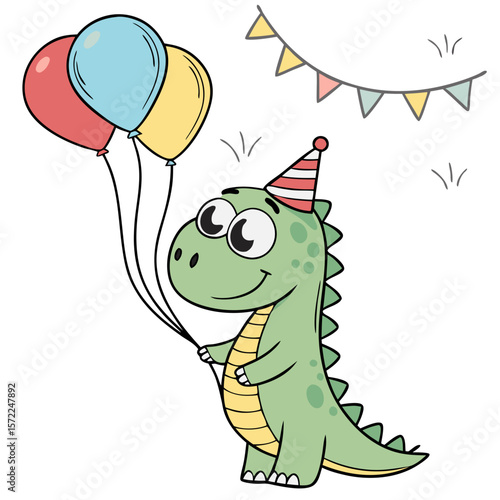 cartoon dinosaur, party hat, colorful balloons, celebration, cute, whimsical, digital art, vibrant colors, playful, joyful  © Ibn Ashik 