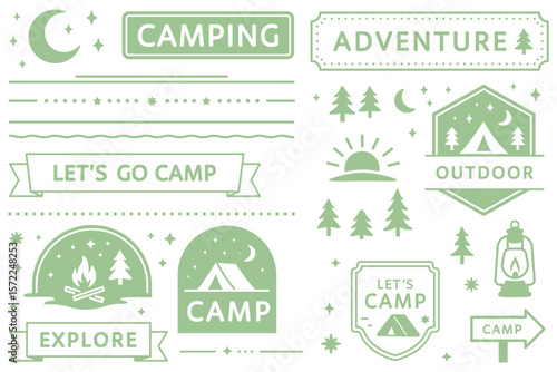 Camping icon and decoration set in mint green color


