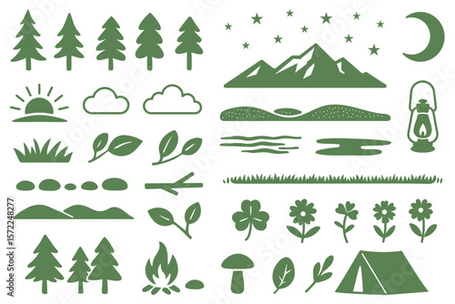 Green silhouette icon set with outdoor and nature elements

