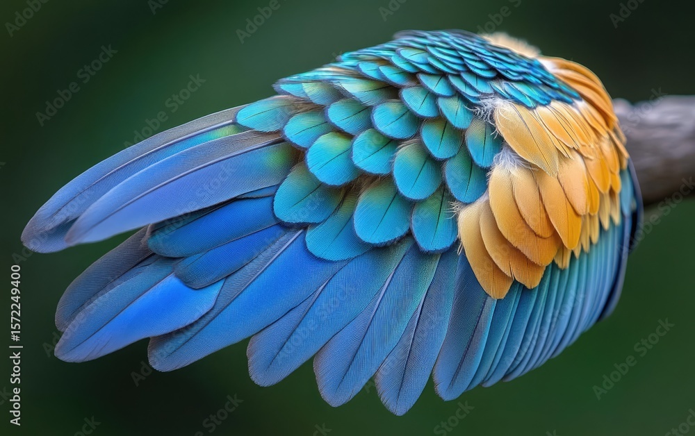 Fototapeta premium Vibrant bird wing, close-up. Feathers in turquoise, blue, and gold