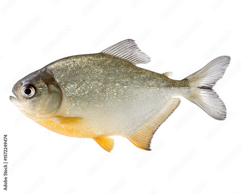 Fototapeta premium Tambaqui fish thick body silver scale freshwater aquatic animal isolated transparency background tropical South America healthy natural