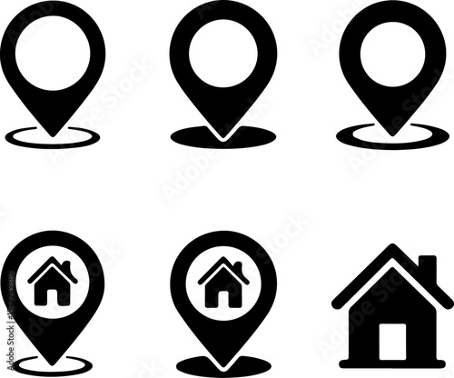 Image features a set of six black location and home icons on a white background. The top row consists of three location pin icons, each with a circular cutout in the center. The first two pins are ide