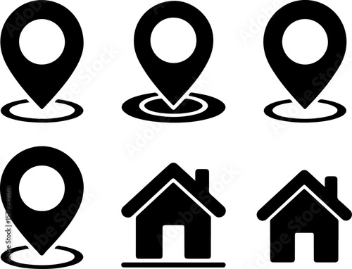 Image features a set of six black location and home icons on a white background. The top row consists of three location pin icons, each with a circular cutout in the center. The first two pins are ide