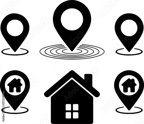 Image features a set of six black location and home icons on a white background. The top row consists of three location pin icons, each with a circular cutout in the center. The first two pins are ide