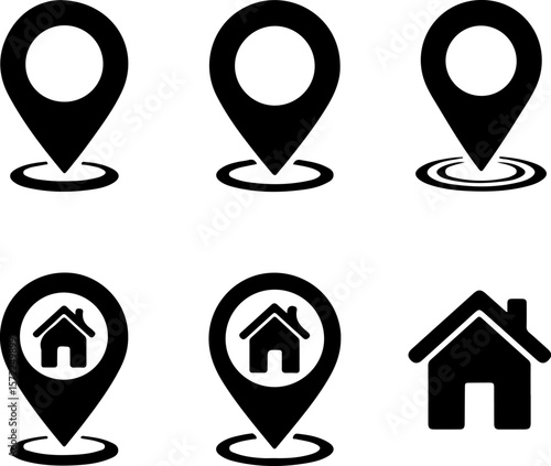 Image features a set of six black location and home icons on a white background. The top row consists of three location pin icons, each with a circular cutout in the center. The first two pins are ide