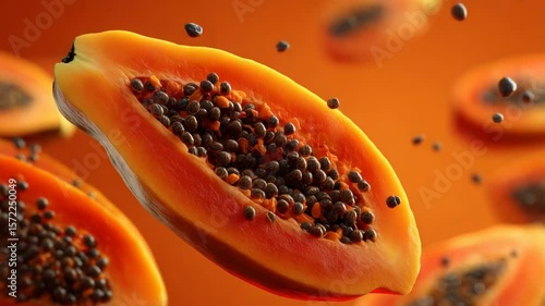 Fresh papaya halves with seeds floating on orange background, 3D render
