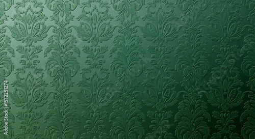Green Damask Patterned Wallpaper Texture.