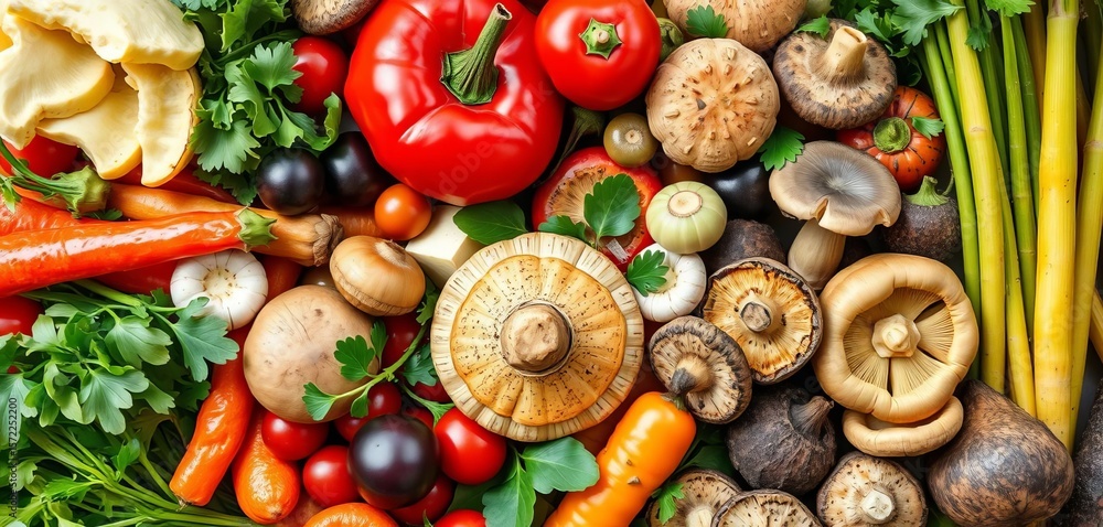 Vibrant medley of fresh vegetables and earthy mushrooms, farm, harvest Vibrant medley of fresh vegetables and earthy mushrooms, farm, harvest