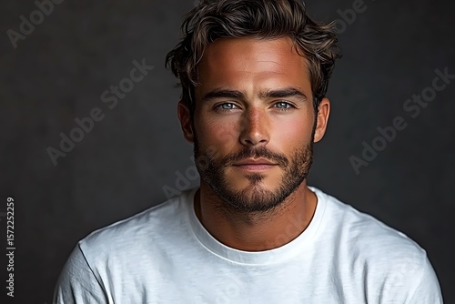 Bearded Man Mockup in White T-Shirt on Gray Background

