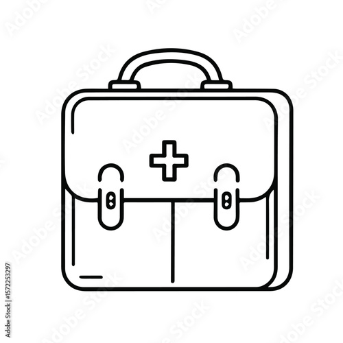 Medical first aid kit briefcase in a black and white outline illustration. Simple, practical, and ready to be used by a medical professional.