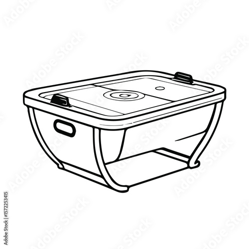 Tabletop air hockey game, depicted in a simple line drawing. Outlined, portable table game with handles for easy transport.