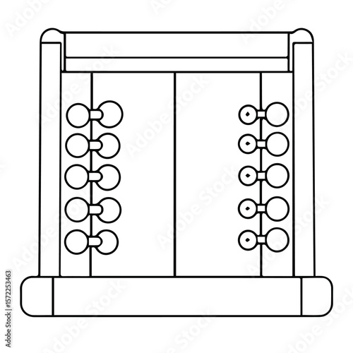 Line drawing of a weight training apparatus with multiple weight balls. Simple gym equipment design in a sports setting.
