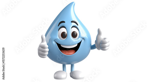Cheerful water drop cartoon character gives thumbs up on a transparent background, conveying freshness and positivity.
