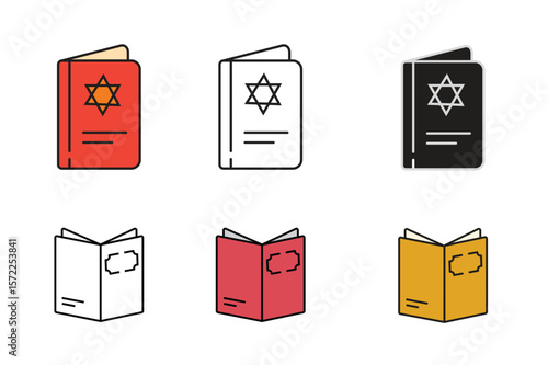 WebJewish Religious Book and Notebook Icon Set  Flat Outline  Color Variations