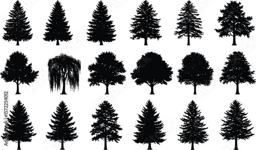 Set of various tree silhouettes, black vector trees collection, evergreen, deciduous, natural forest graphic pack, isolated illustration design