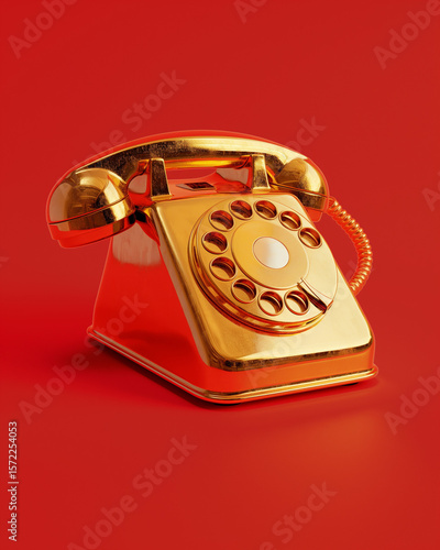 Golden Vintage Rotary Telephone on Red Background – Luxury Customer Service, Hotline, and Premium Business Communication Concept for Contact Us Pages and Marketing