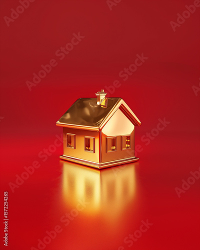Golden House Model on Reflective Red Background Real Estate Investment Mortgage and Luxury Property Market Concept