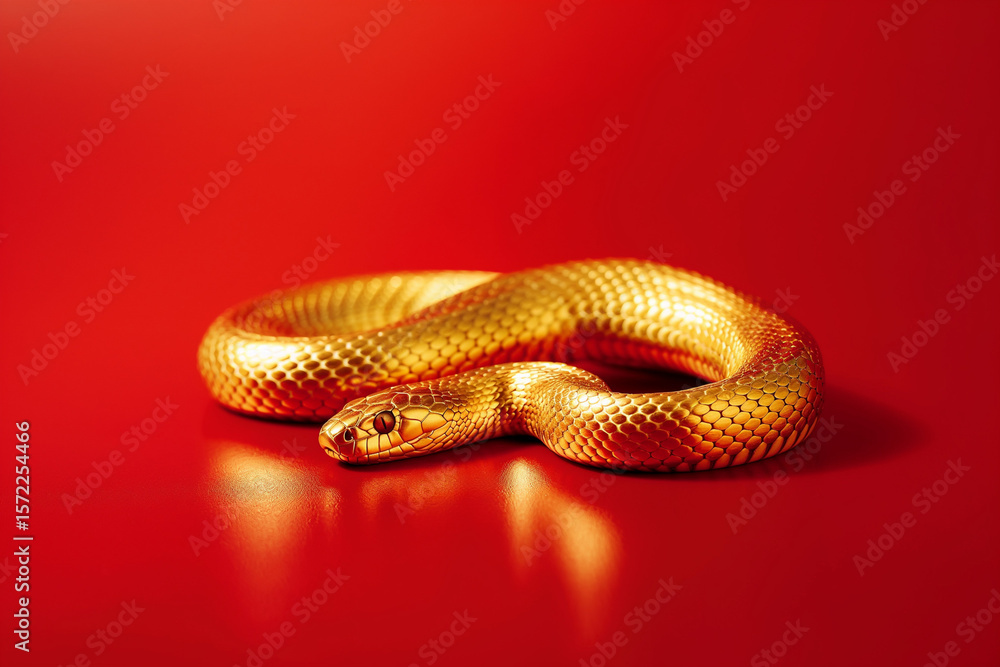 Fototapeta premium Close up of a golden snake on red. Generative AI