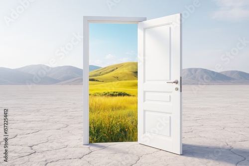 Surreal open white door standing on cracked dry land revealing lush green hills and blue sky beyond, symbolizing hope, change, and new beginnings.