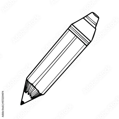 Black and white pencil illustration in a simple, decorative style. Pencil angled to the right in a neutral setting. Generic drawing tool. universal use. No location specified.