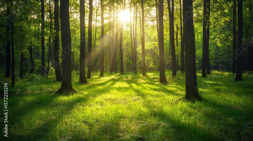 Deep forest with a sunny glade, green grass, and tree trunks, vector illustration