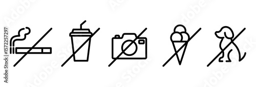 Set of prohibition line signs. No smoking, food, drinks, photo, video, animals, trolley, ice cream, outline icons on white background. Vector illustration.