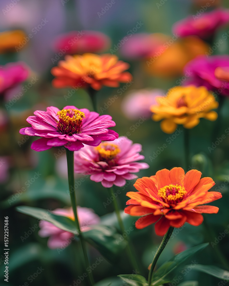 Colorful zinnias blooming in a lush green garden Colorful zinnias blooming in a lush green garden