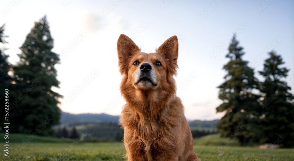 Naklejka premium Golden Dog in a Serene Landscape