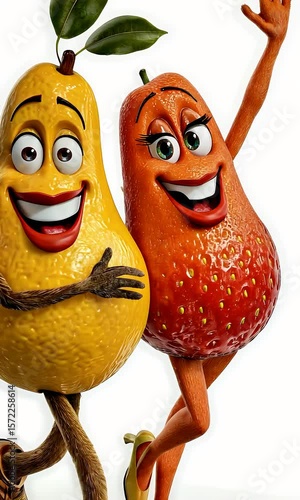 Cartoon characters of pear and strawberry sharing a joyful moment