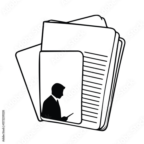 Businessman in formal attire reviewing documents in a modern office setting. Silhouette of a man in a business suit reading documents within a stack of papers.