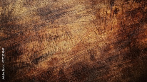 A wooden chopping board with visible scratches and marks, set against a dark background.