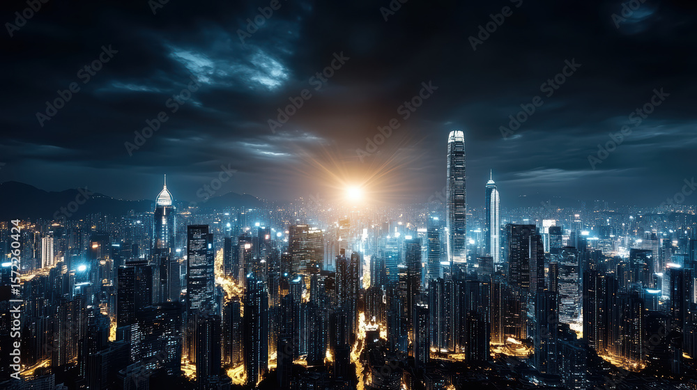 Fototapeta premium Futuristic skyline night with glowing buildings and dramatic clouds. scene evokes sense