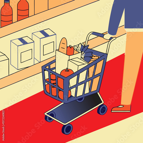 Person pushing grocery cart filled with food and boxes