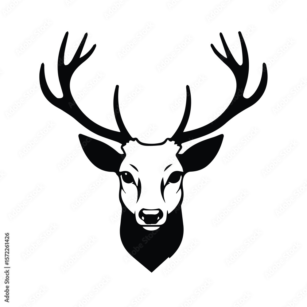 Naklejka premium Black and white deer head illustration with antlers. Simple graphic design in a minimalist aesthetic. Nature themed graphic for logo design, packaging, or website.